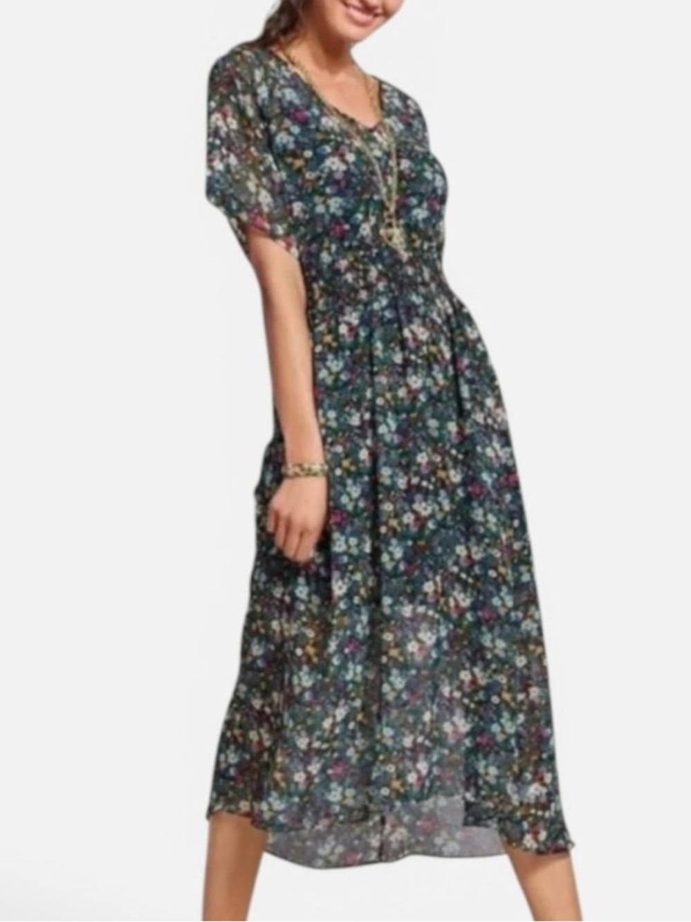 Cabi Women XS Ditsy Floral Blouson Smocked Waist Fiesta Midi Dress Style 5386